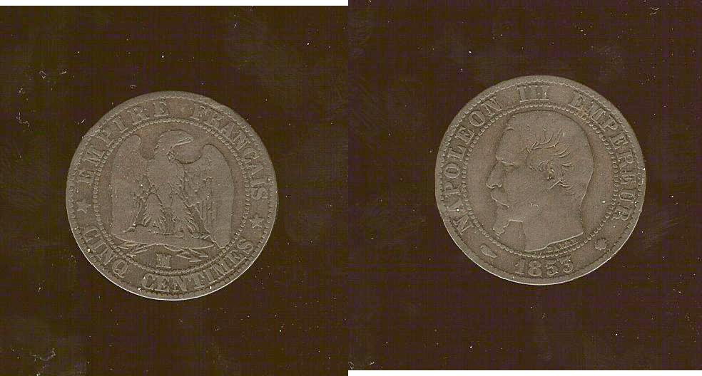 Cinq centimes Napoléon III, tête nue 1853 Marseille TB+